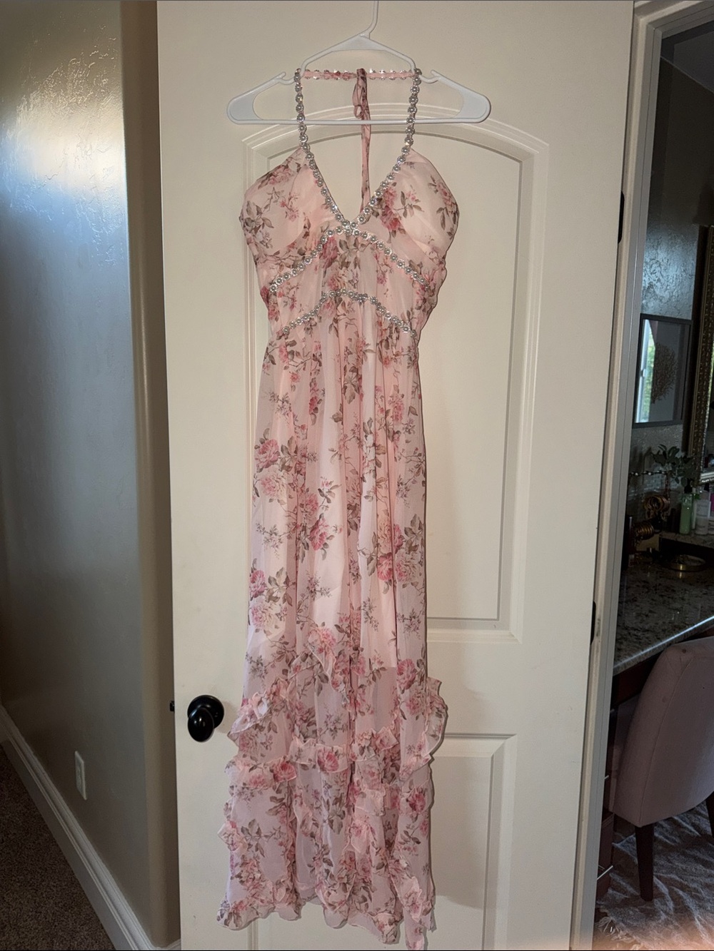 Pink Floral Halter Maxi Dress with Beaded Trim